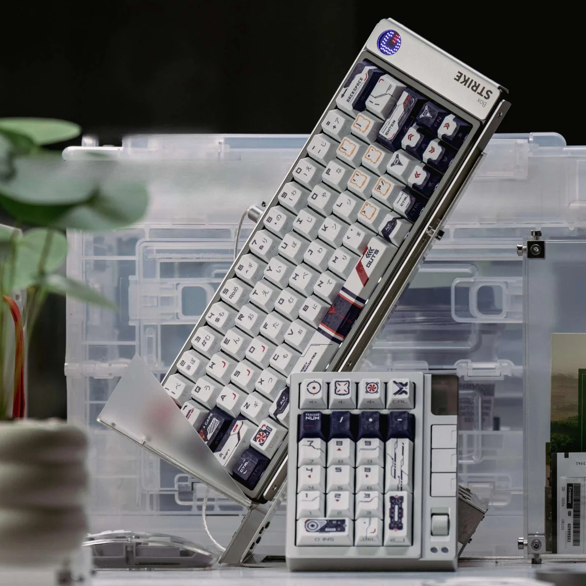 Premium Ultraman Tiga GUTS PBT keycaps in a gallery view, showcasing exclusive side-printed backlit legends and a retro-futuristic carbon fiber design.