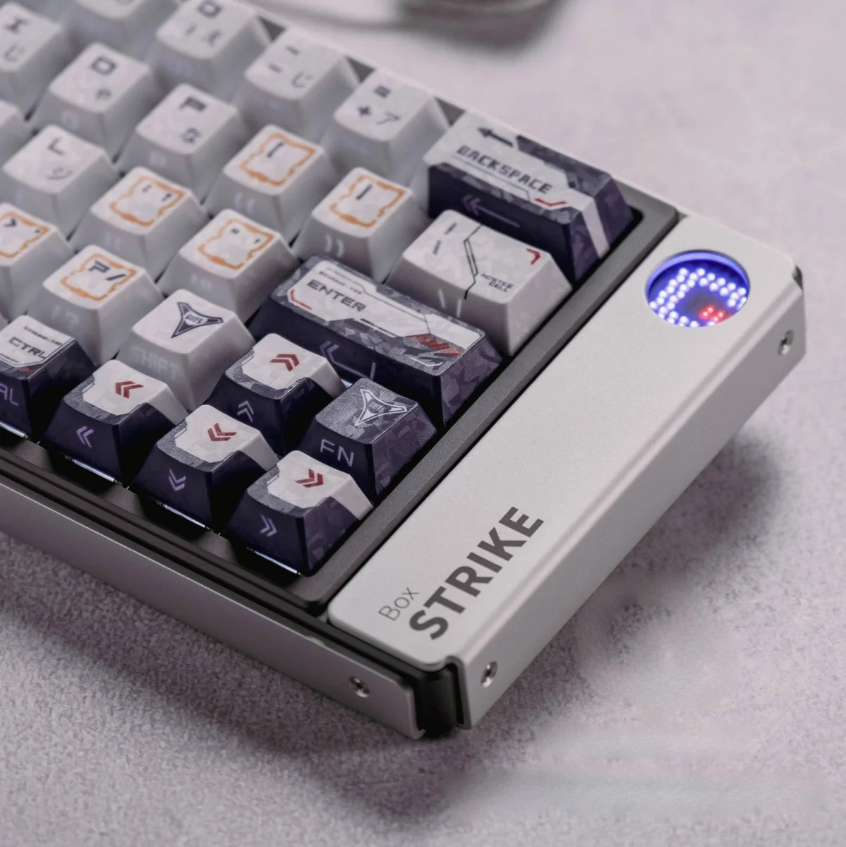 Exclusive Ultraman Tiga GUTS PBT keycaps gallery. Multi-angle views highlight premium side-printed backlit legends and retro-futuristic carbon fiber.