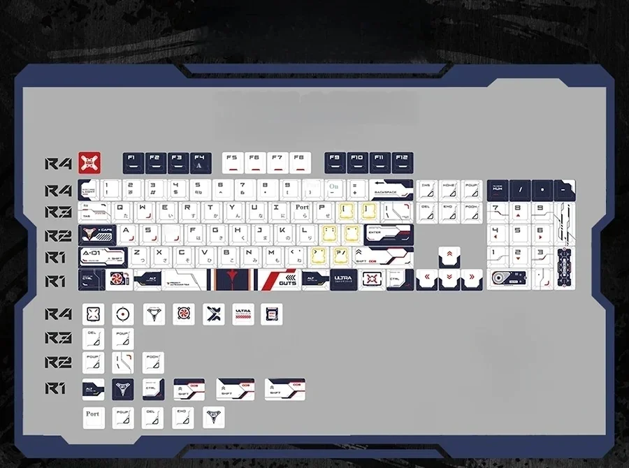 Premium Ultraman Tiga GUTS PBT keycaps, side-printed and backlit. Exclusive retro-futuristic design featuring tactical carbon fiber legends.