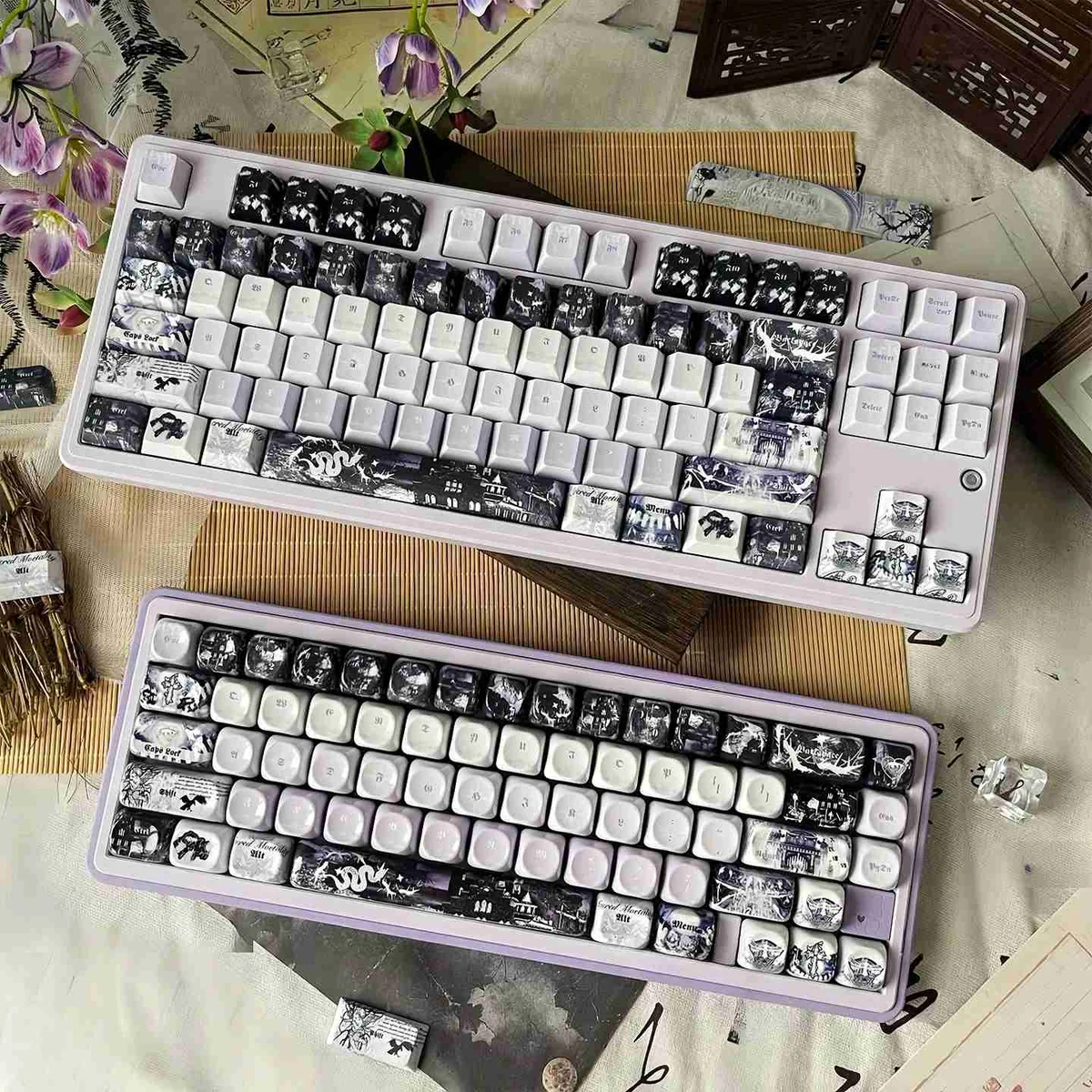 Violet PBT Keycap Set with a netherworld fantasy oracle design, showcasing mystical deep violet hues and a smooth finish for mechanical keyboards.