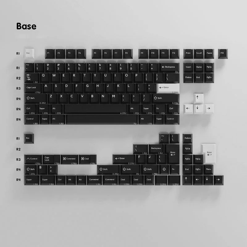 Refined WOB Pure Black PBT Cherry keycaps in classic black and white, revealing their durable legends and elegant profile from different perspective.
