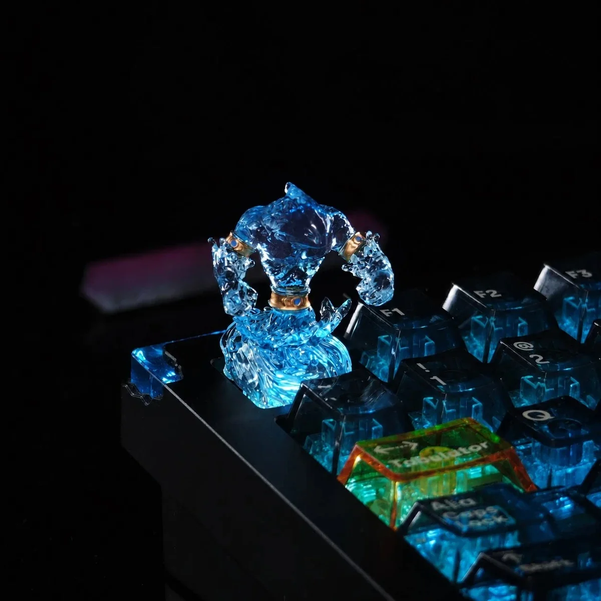 Artistic close-up of the handcrafted WoW Water Elemental keycap, highlighting its mystical blue sculpted form and intricate fantasy gaming details.