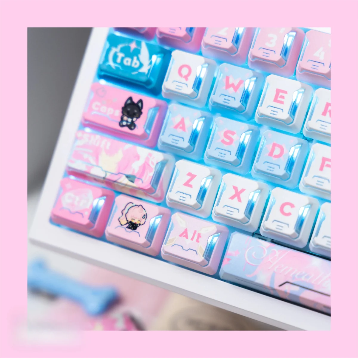 Wuthering Waves Aemeath Mecha PBT Keycap Set. Multiple angles reveal the premium, futuristic design and durable PBT texture。