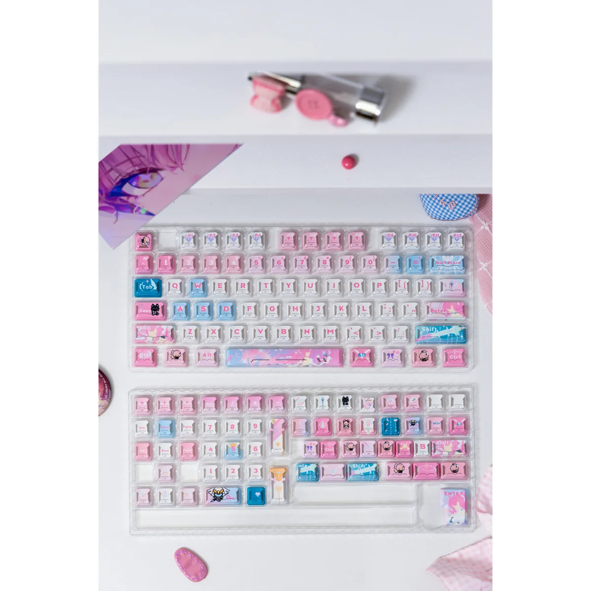 Wuthering Waves Aemeath Mecha PBT Keycap Set shown from multiple angles, highlighting its futuristic design and durable, premium PBT texture.