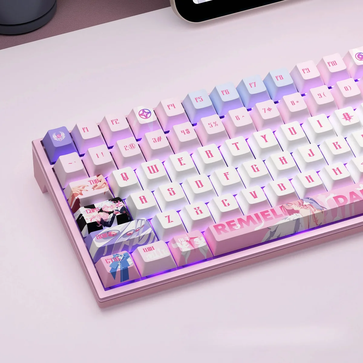 Zenless Zone Zero Remielle Dan translucent PBT keycaps set, featuring vibrant game-inspired designs and side-engraved legends from various angles.