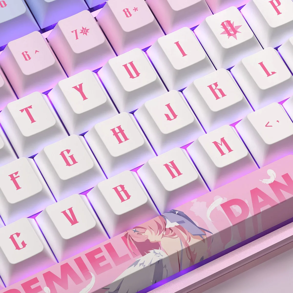 Zenless Zone Zero Remielle Dan translucent PBT keycap set, showcasing vibrant game-inspired designs and side-engraved legends from multiple premium angles.