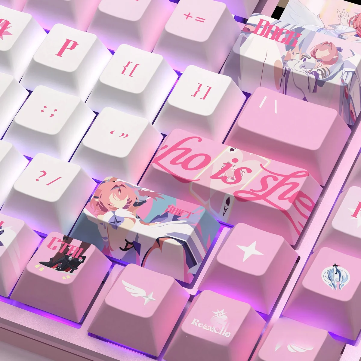 Zenless Zone Zero Remielle Dan translucent PBT keycaps set, showcasing its vibrant, game-inspired aesthetic from multiple angles, with premium side-engaved.