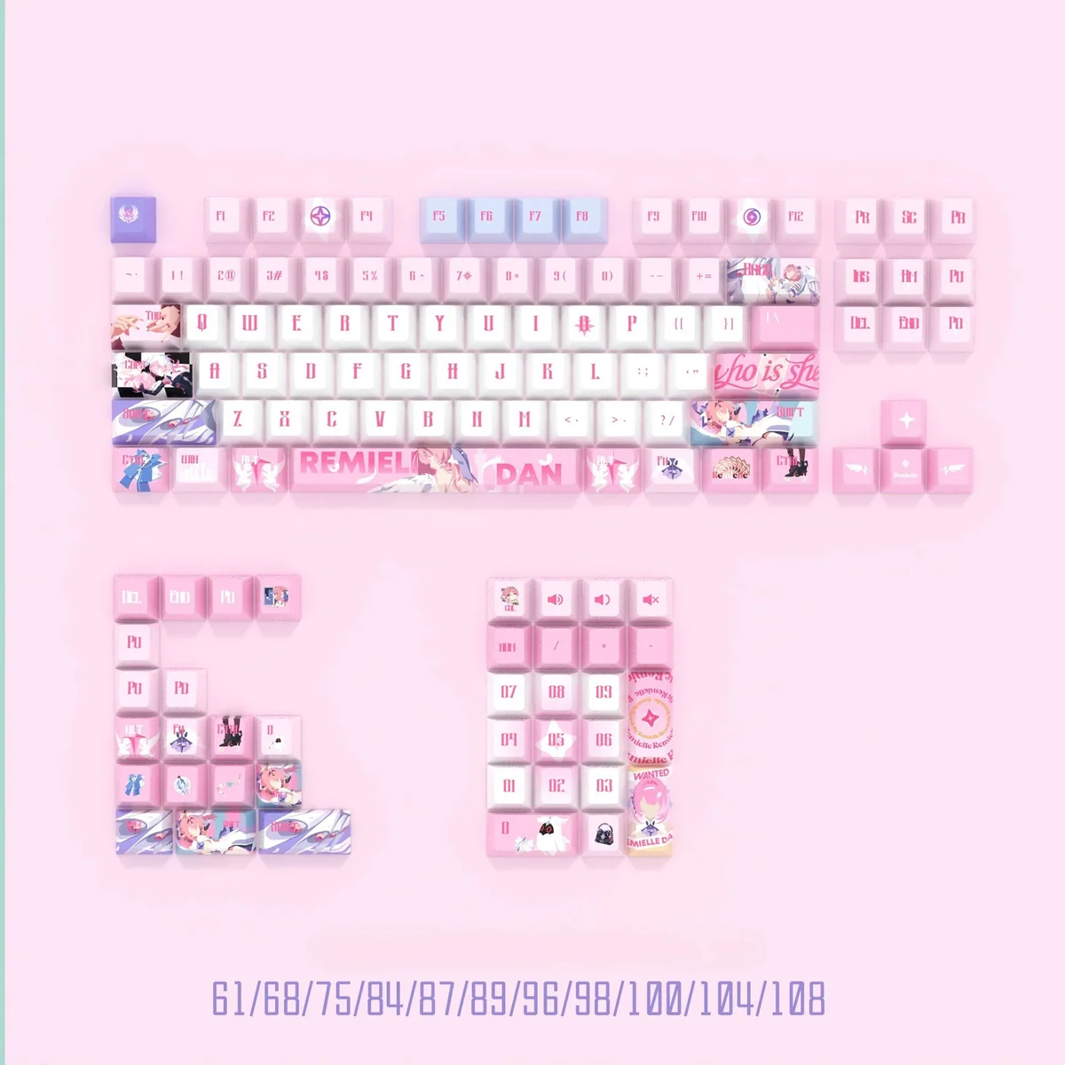 Multiple angles of the premium Zenless Zone Zero Remielle Dan translucent PBT keycaps set, showcasing vibrant game-inspired character motifs and crisp.
