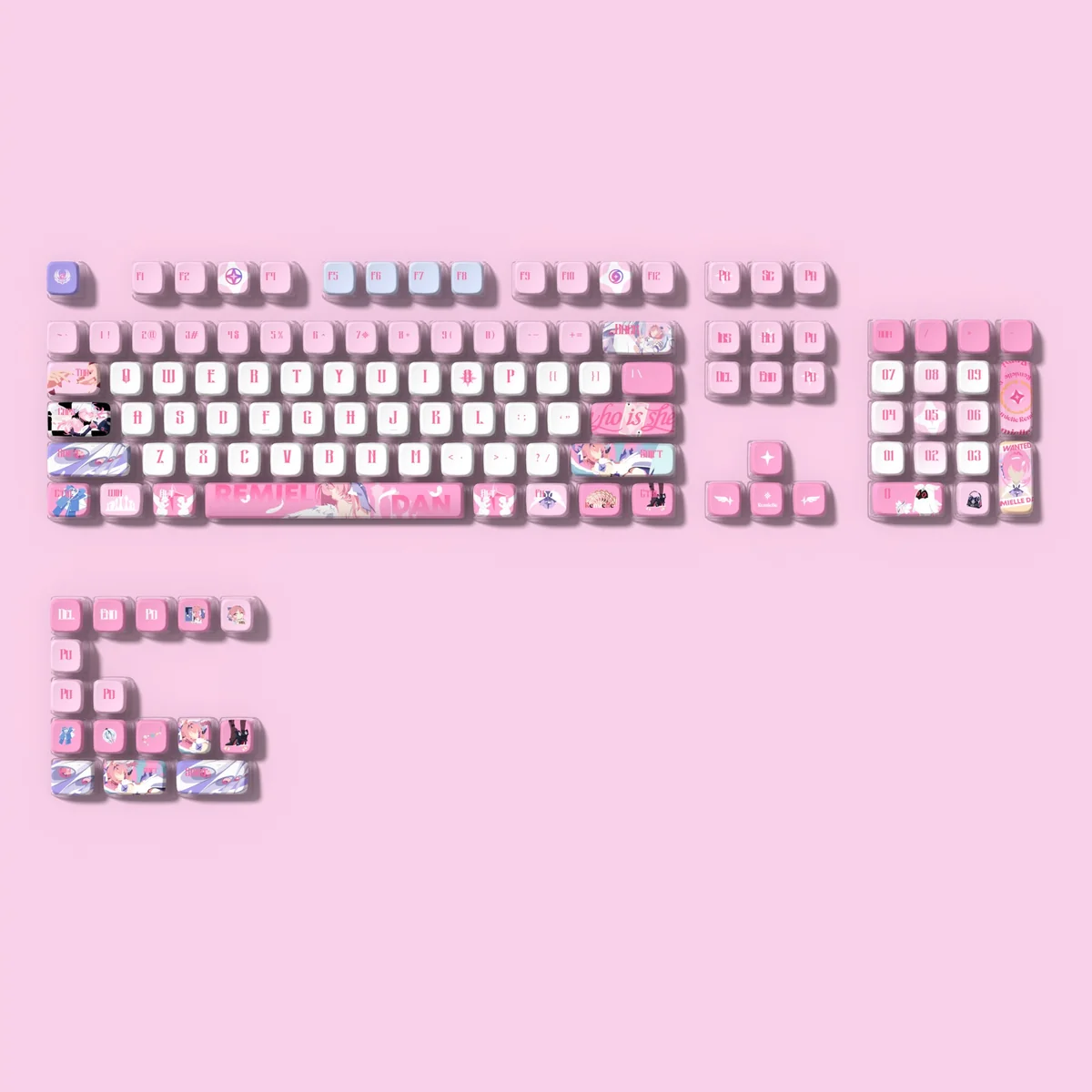 A collection of Zenless Zone Zero Remielle Dan translucent PBT keycaps, showcasing vibrant, game-inspired designs and crisp side-engraved legends from variant angles.