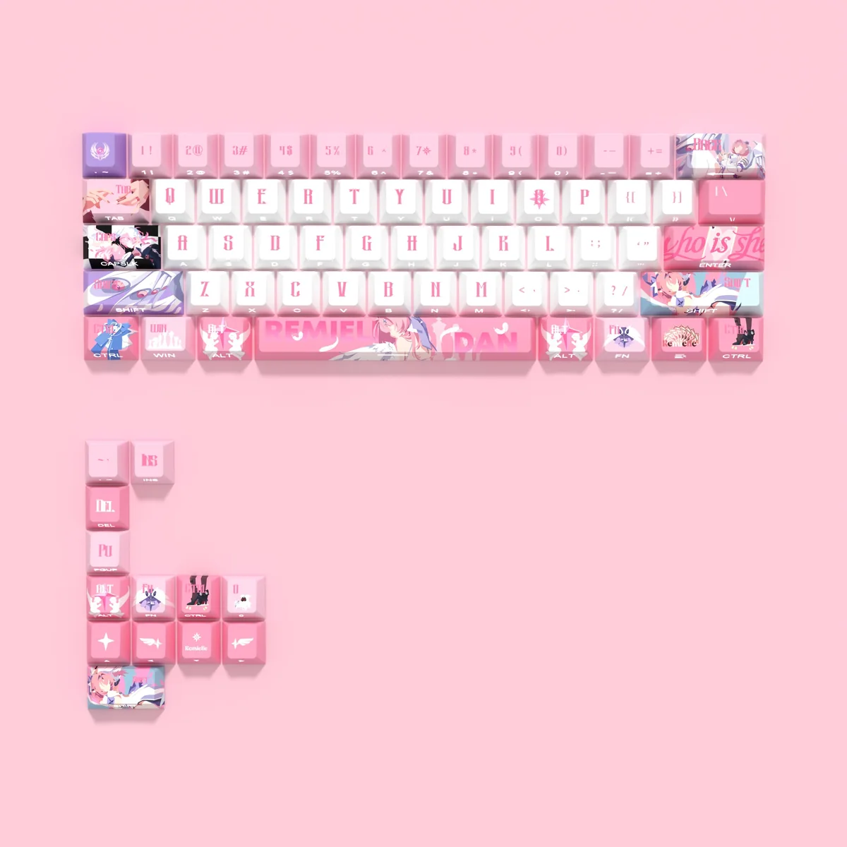 Zenless Zone Zero Remielle Dan translucent PBT keycaps set, featuring vibrant front-engraved legends and game-inspired character art.