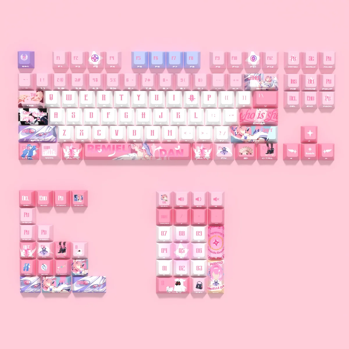 Zenless Zone Zero Remielle Dan translucent PBT keycaps for 60/68 keyboards, showcasing vibrant side-engraved legends and game-inspired character art.