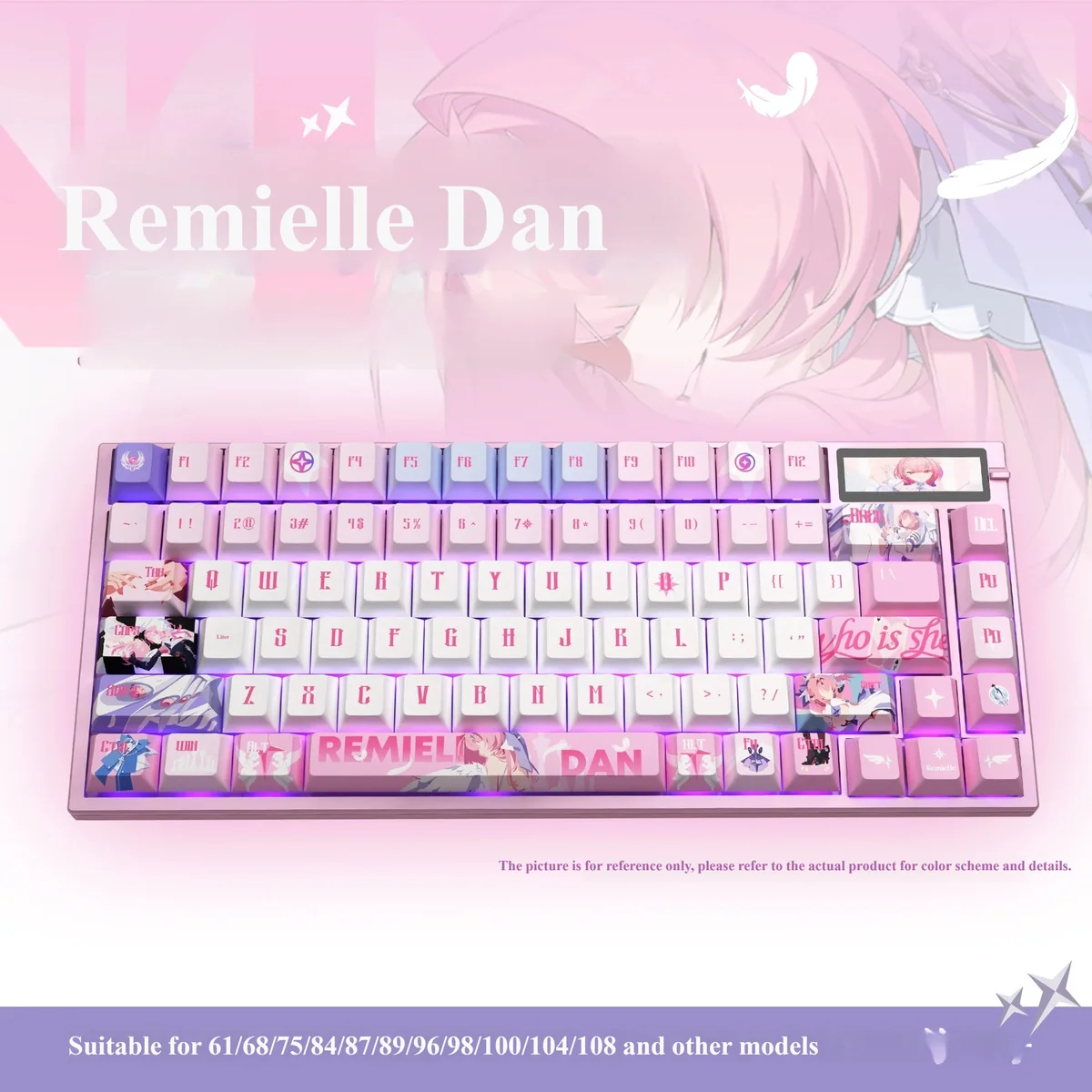 Vibrant Zenless Zone Zero Remielle Dan translucent PBT keycaps set, with premium side-engraved legends and character motifs for enthusiasts.