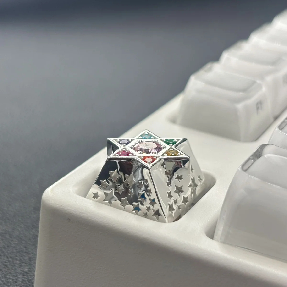 Handcrafted Celestial Zircon Hexagram Luxury Metal Keycap. Sparkling multi-faceted zircon and gleaming metal accents visible from different angles.