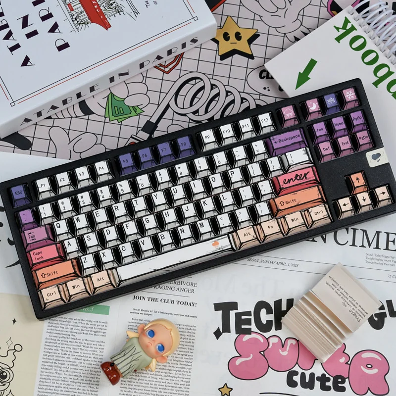 Graffiti keycaps hand-drawn PBT keycap set installed on a black keyboard, showing vibrant pastel color blocking and playful street art icons.