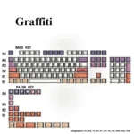 Graffiti keycaps set with hand-drawn street art icons, bold color blocking, base and patch keys shown in a full keyboard layout.