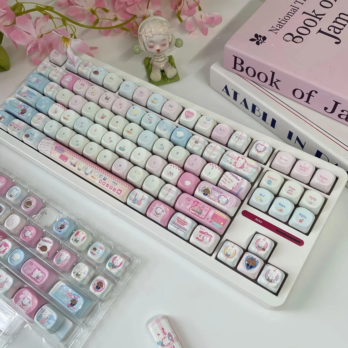 Playful pet MOA keycap set with various charming cartoon animal illustrations, highlighting the quality PBT dye-sub craftsmanship from a unique angle.