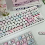 Playful pet MOA keycap set featuring adorable cartoon animals in vibrant PBT dye-sub colors, displayed from various angles for whimsical keyboard.