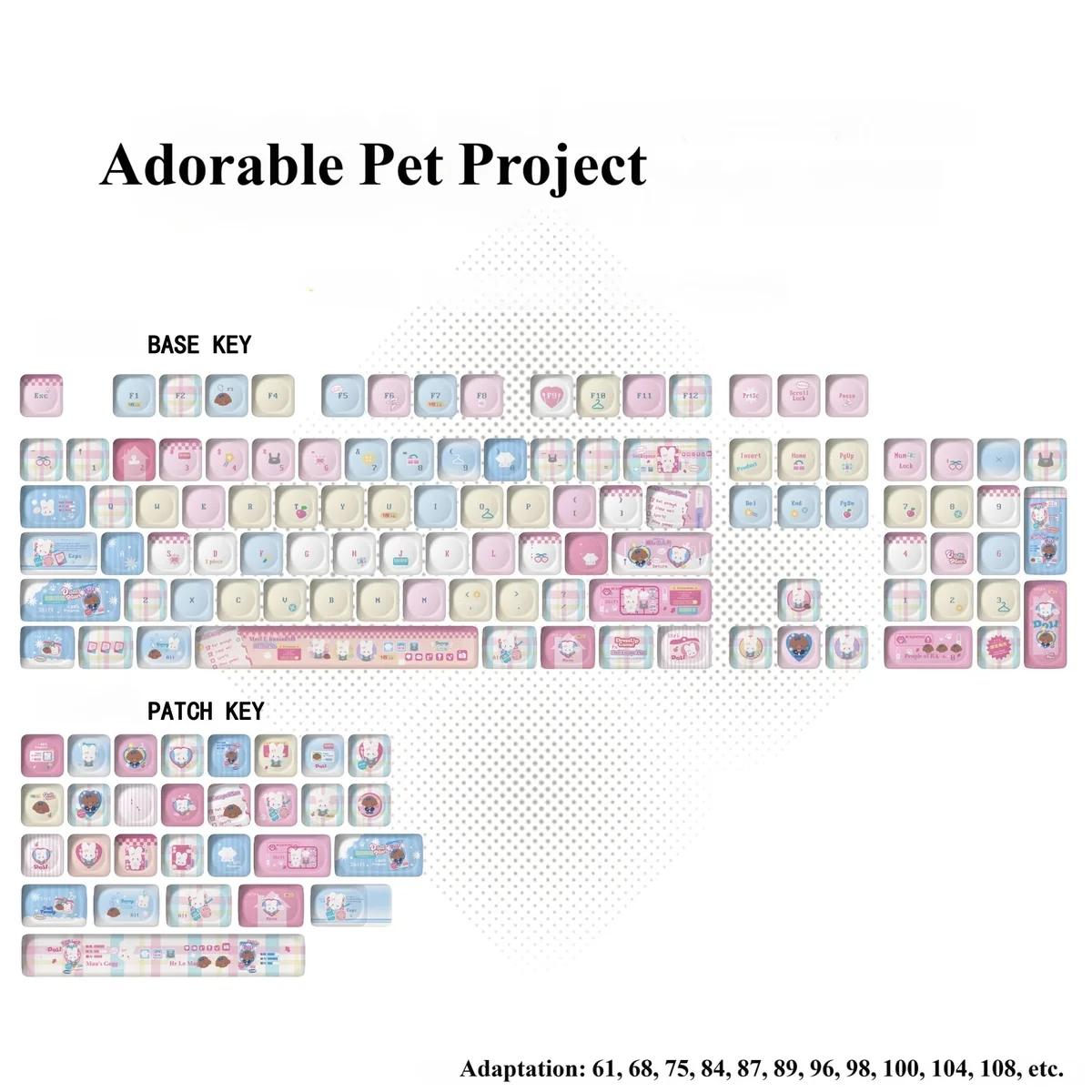A playful pet MOA keycap set featuring adorable cartoon animal illustrations on durable PBT dye-sub keycaps, perfect for a whimsical keyboard setup.