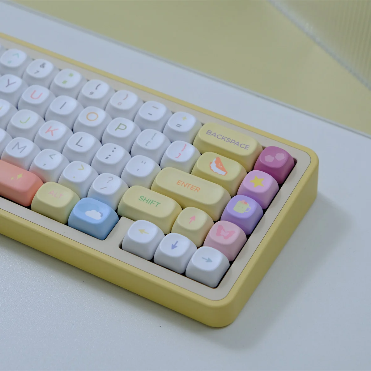A collection of Afternoon Tea MOA profile keycaps, showcasing various elegant designs with pastel tea party motifs and ergonomic comfort from different angles.
