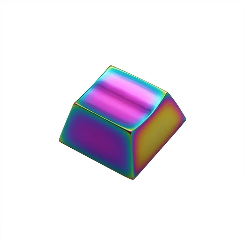Close-up of a premium iridescent gradient aluminum keycap, showcasing its shifting colors and sleek metallic finish for a modern luxury keyboard.