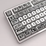 Mysterious Ancient Gods Metallic PBT Keycap Set from a captivating angle, revealing the dark, weathered metallic paint finish and intricate ancient design.