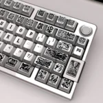A detailed view of the Mysterious Ancient Gods metallic paint PBT keycap set, highlighting its dark, weathered finish and intricate deity-inspired design.