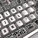 Mysterious Ancient Gods metallic paint PBT keycap set, displaying its dark, weathered finish and intricate deity designs from a unique perspective.