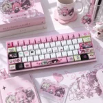 Angels of Delusion Cherry Keycap Set with chibi angel art and PBT translucent side-lit legends, styled on a dreamy kawaii mechanical keyboard.