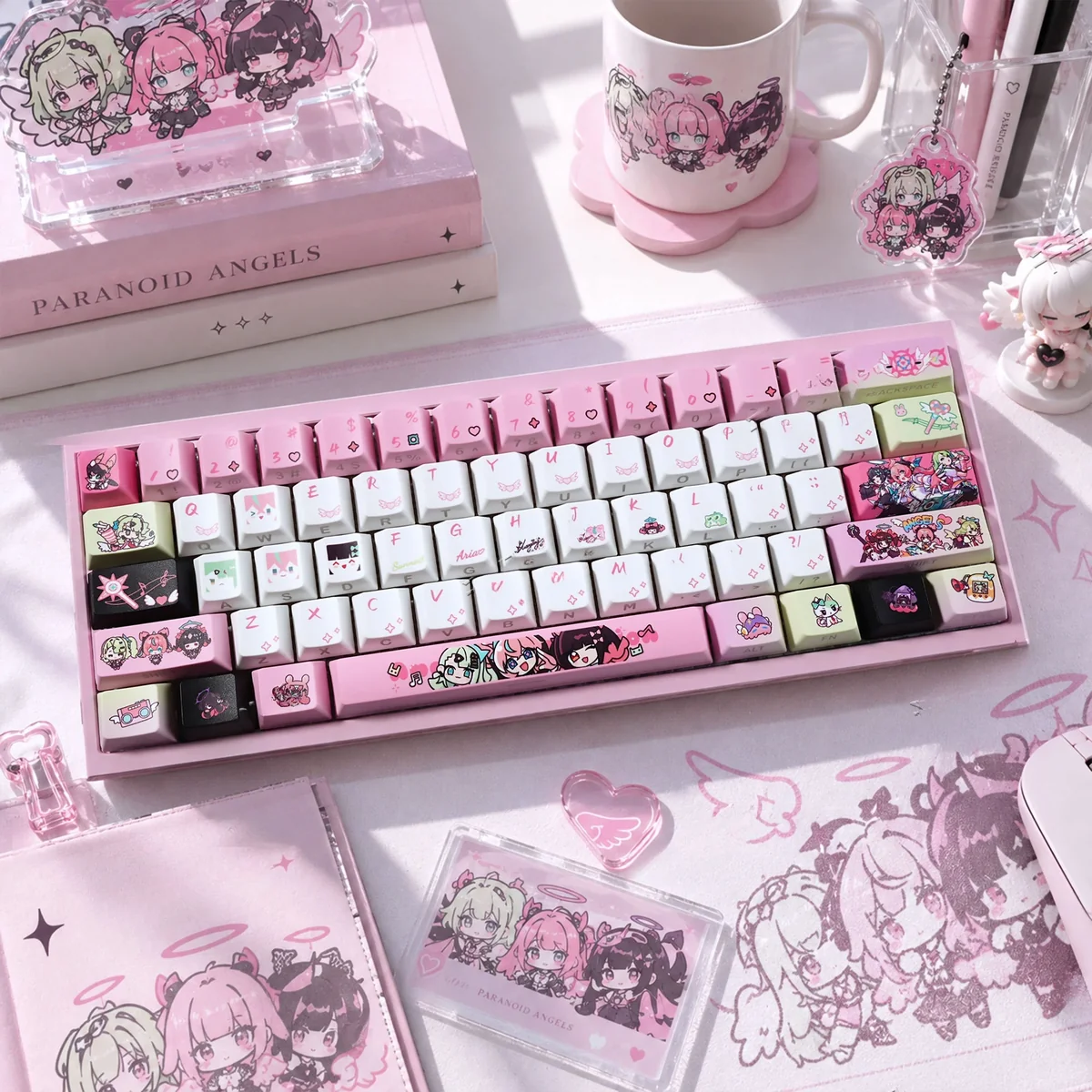 Angels of Delusion Cherry Keycap Set with chibi angel art and PBT translucent side-lit legends, styled on a dreamy kawaii mechanical keyboard.