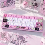 Angels of Delusion Cherry Keycap Set with chibi angel art, PBT side-lit legends glowing on a kawaii keyboard, styled with cute angel figures.
