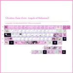 Angels of Delusion Cherry Keycap Set with chibi angel art and PBT translucent side-lit legends, shown in a full compatibility layout.