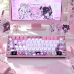 Angels of Delusion Cherry Keycap Set with translucent PBT side-lit legends and dreamy chibi angel art on a soft kawaii desktop glow.