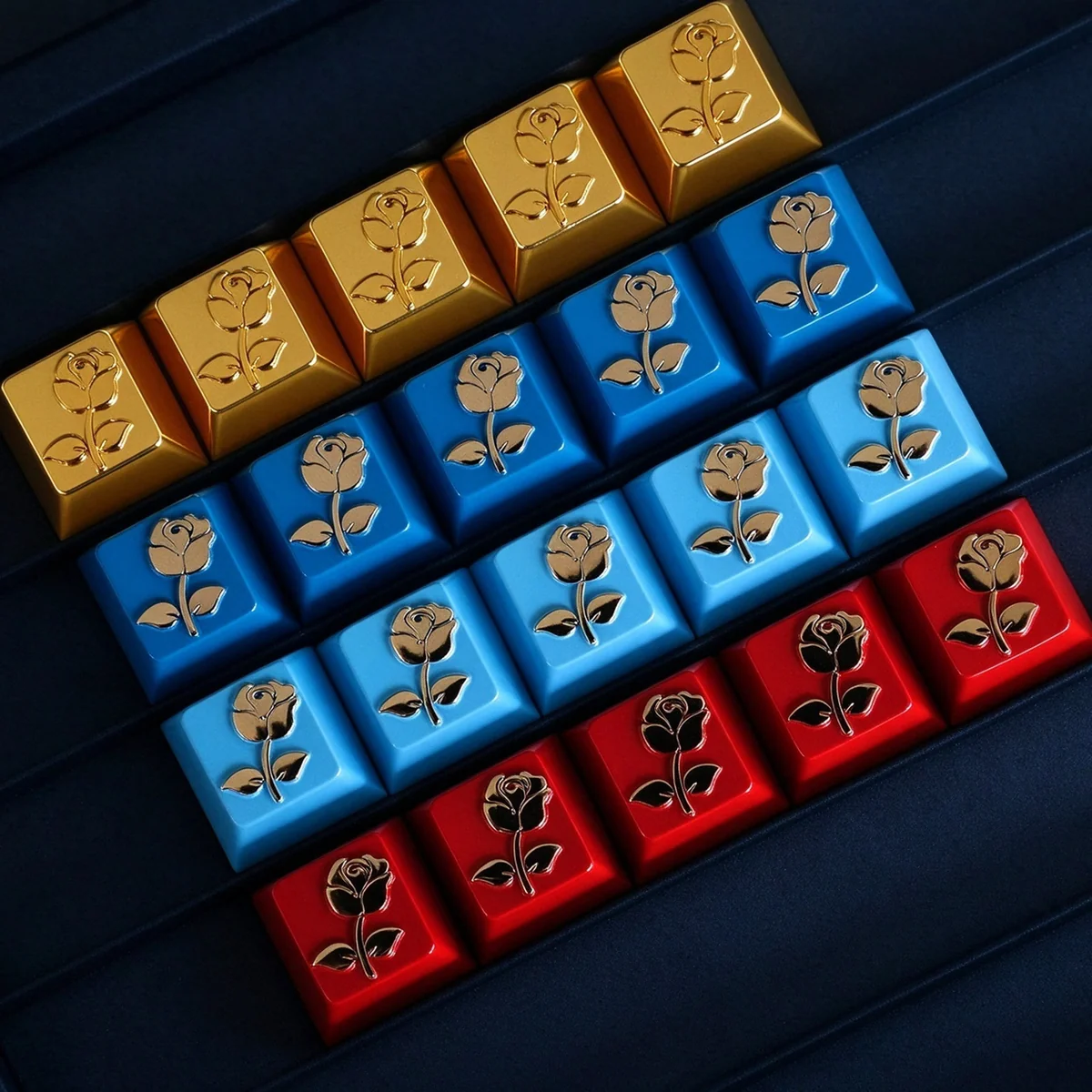 Limited Edition Zinc Alloy Rose Artisan Metal Keycap, showcasing its intricate metallic rose design and mysterious sea fog elegance from a distinct angles.