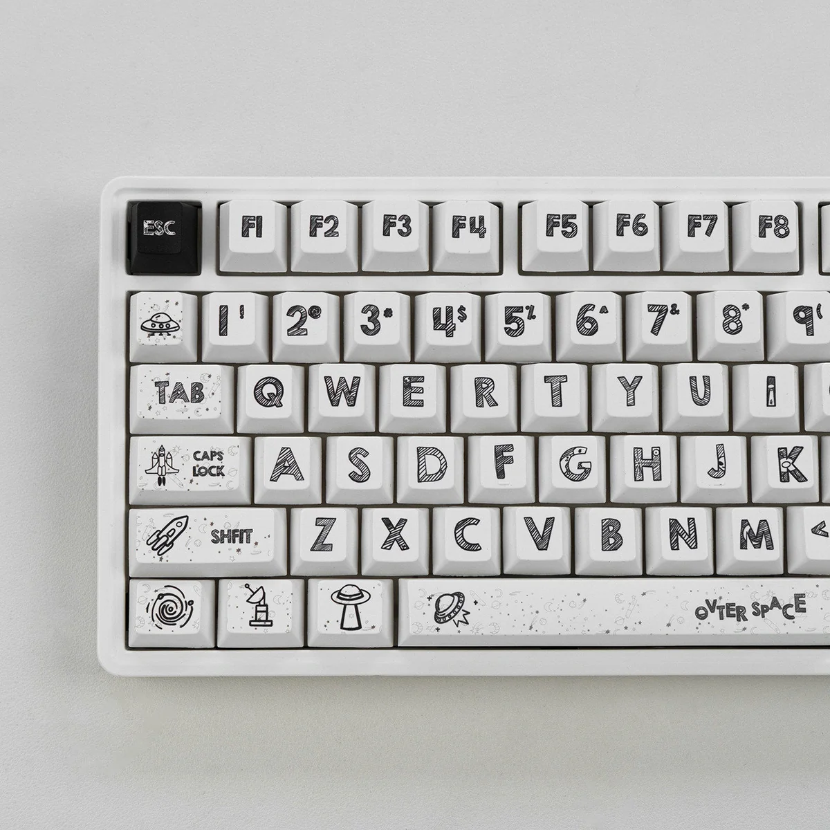Playful astronaut PBT keycaps: a durable 131-key dye-sub set with crisp space legends on a clean white base, displayed from multiple angles.