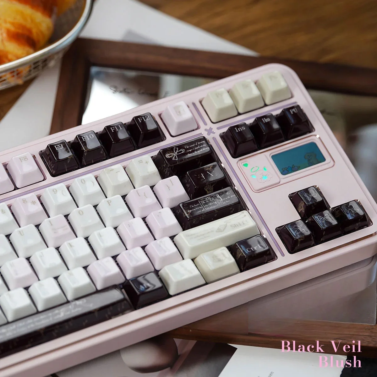 Ceramic Keycap Set Black Veil Pink Dimple, alternate view showing exquisite ceramic with smooth, artistic dark pink tones for luxury visual.