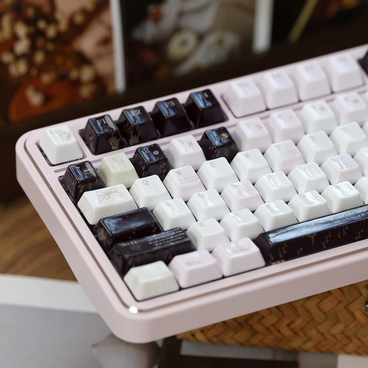 Artisan Ceramic Keycap Set Black Veil Pink Dimple. Exquisite smooth ceramic, dark pink accents, showcasing tactile and visual luxury.