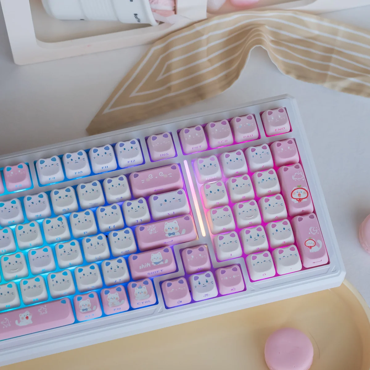 Close-up of the whimsical spring kitty PBT cat ear keycaps, showcasing the glowing backlit cat ears and delicate side-printed legends.