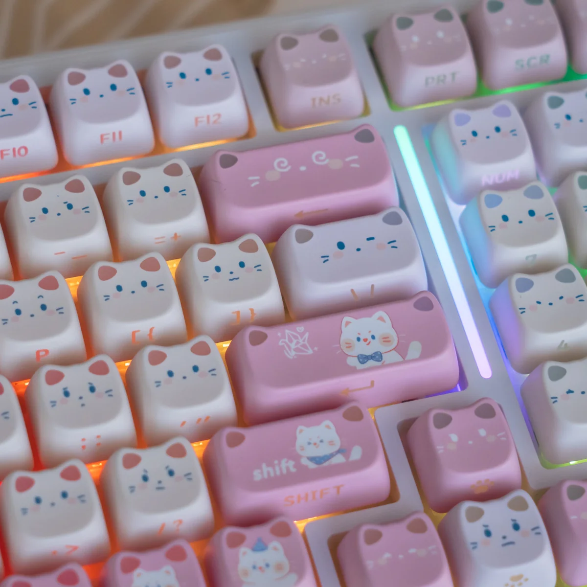 Whimsical Spring Kitty Backlit Cat Ear Keycaps Set, showing charming glowing PBT cat ears and unique side-printed legends from multiple playful angles.