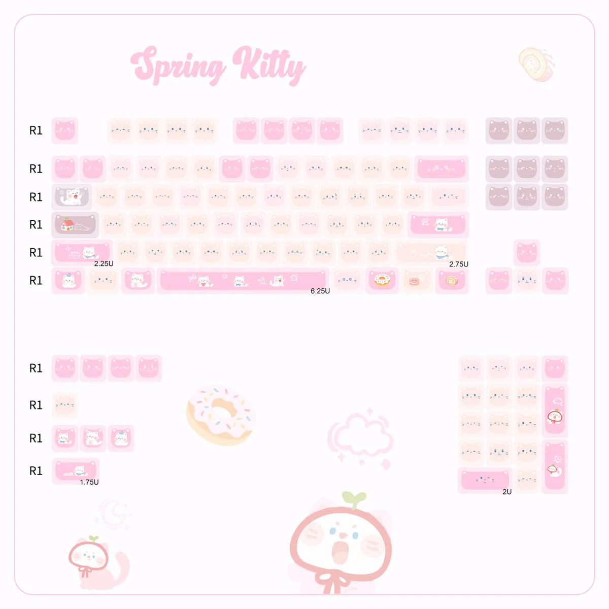 Whimsical Spring Kitty Backlit Cat Ear PBT Keycaps Set, showcasing charming glowing cat ears and unique side-printed legends for a playful aesthetic.