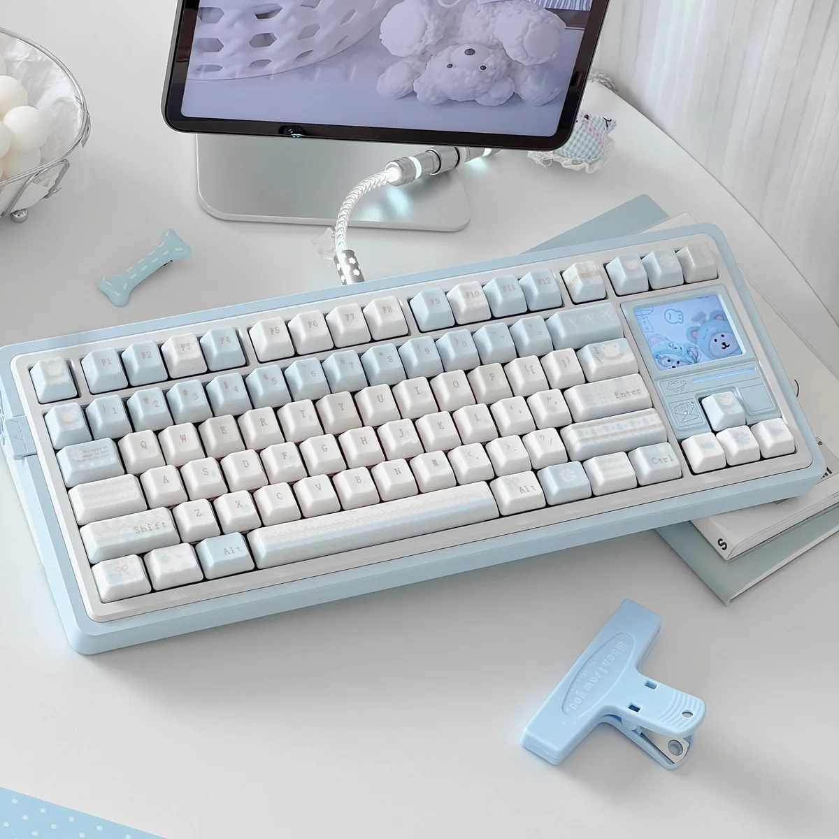 Close-up of a Winter Letter Ceramic Keycap Set, showcasing the elegant handcrafted ceramic texture and unique feel from multiple angles.