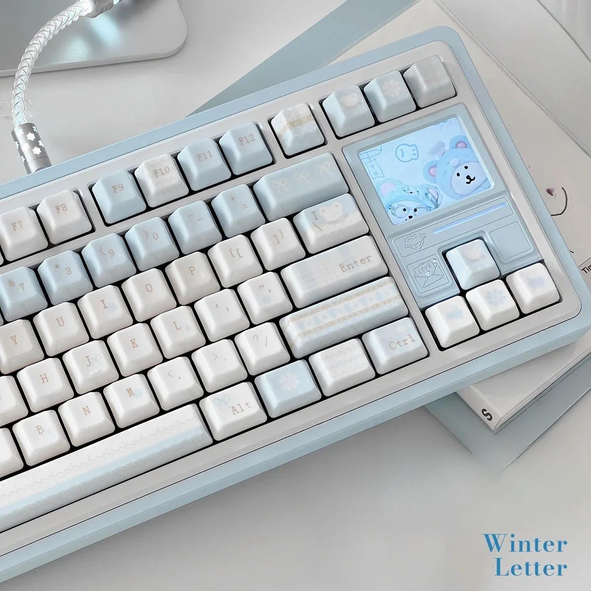 Detailed view of the Winter Letter Ceramic Keycap Set from various angles, emphasizing the premium handcrafted ceramic texture and serene.