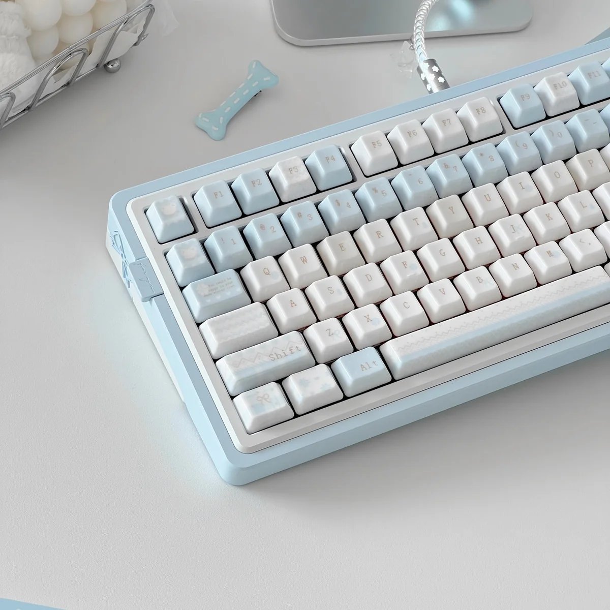 Winter Letter Ceramic Keycap Set displayed from multiple angles, showcasing handcrafted feel and elegant ceramic texture for a unique, serene keyboard.