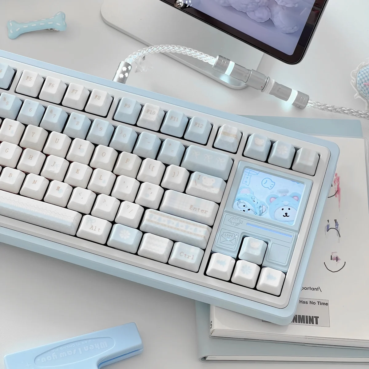 Close-up of an elegant handcrafted ceramic keycap from the Winter Letter set, showcasing its unique texture and premium, serene design.
