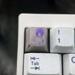 Chainsaw Man Reze artisan titanium keycap, hand-carved with dynamic colored lines for Theme Two, a collectible anime accessory.