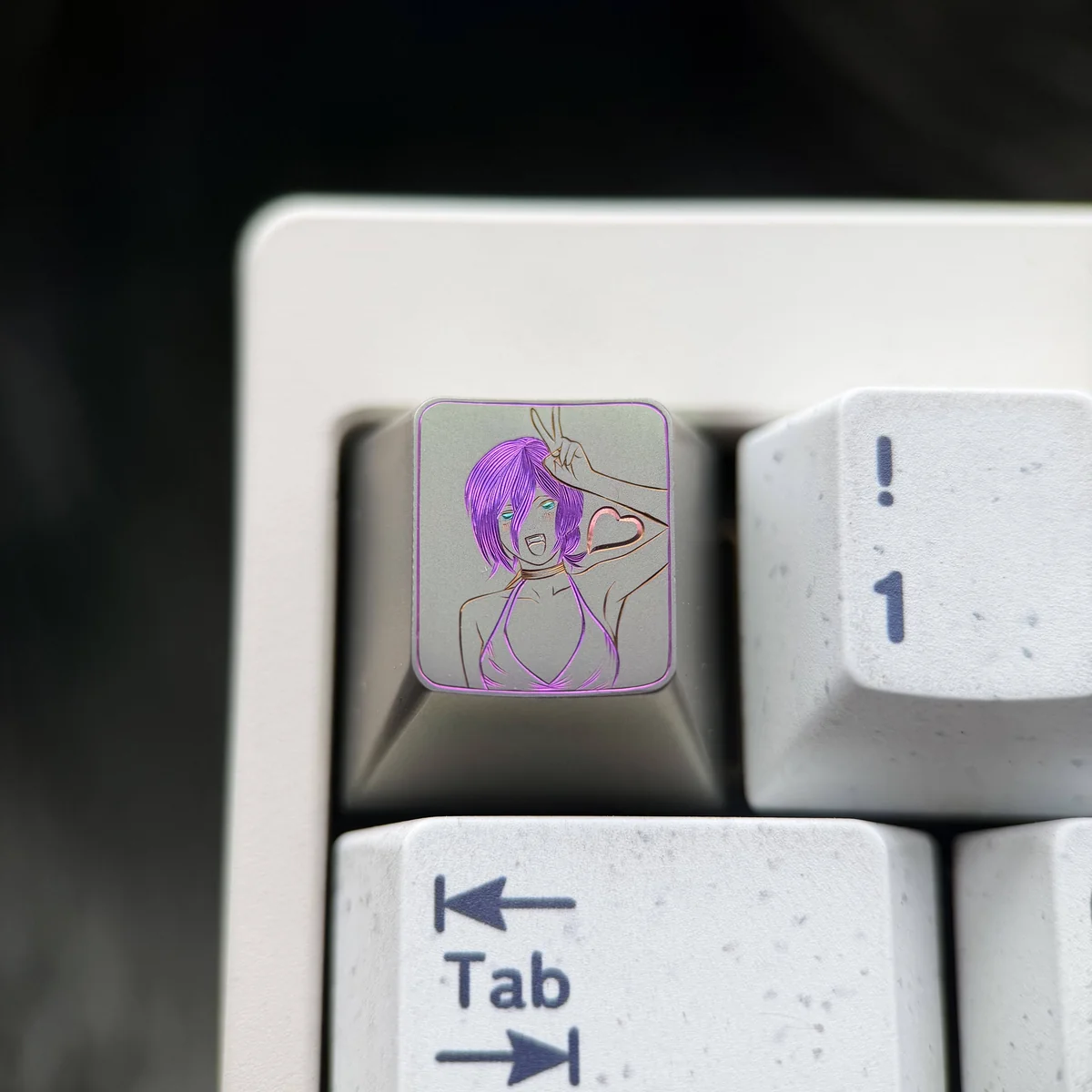 Chainsaw Man Reze hand-carved titanium keycap, Theme Three, showcasing vibrant colored lines on a metallic artisan collectible.