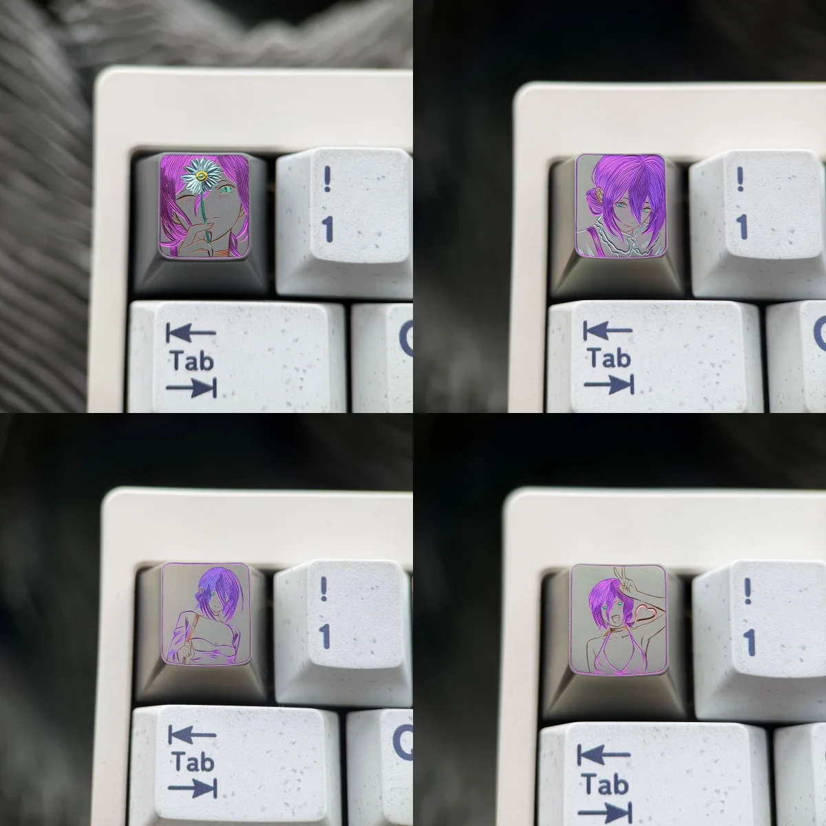 Dynamic Chainsaw Man Reze hand-carved titanium keycap, showcasing intricate artisan detail and vibrant accents on a metallic collectible.