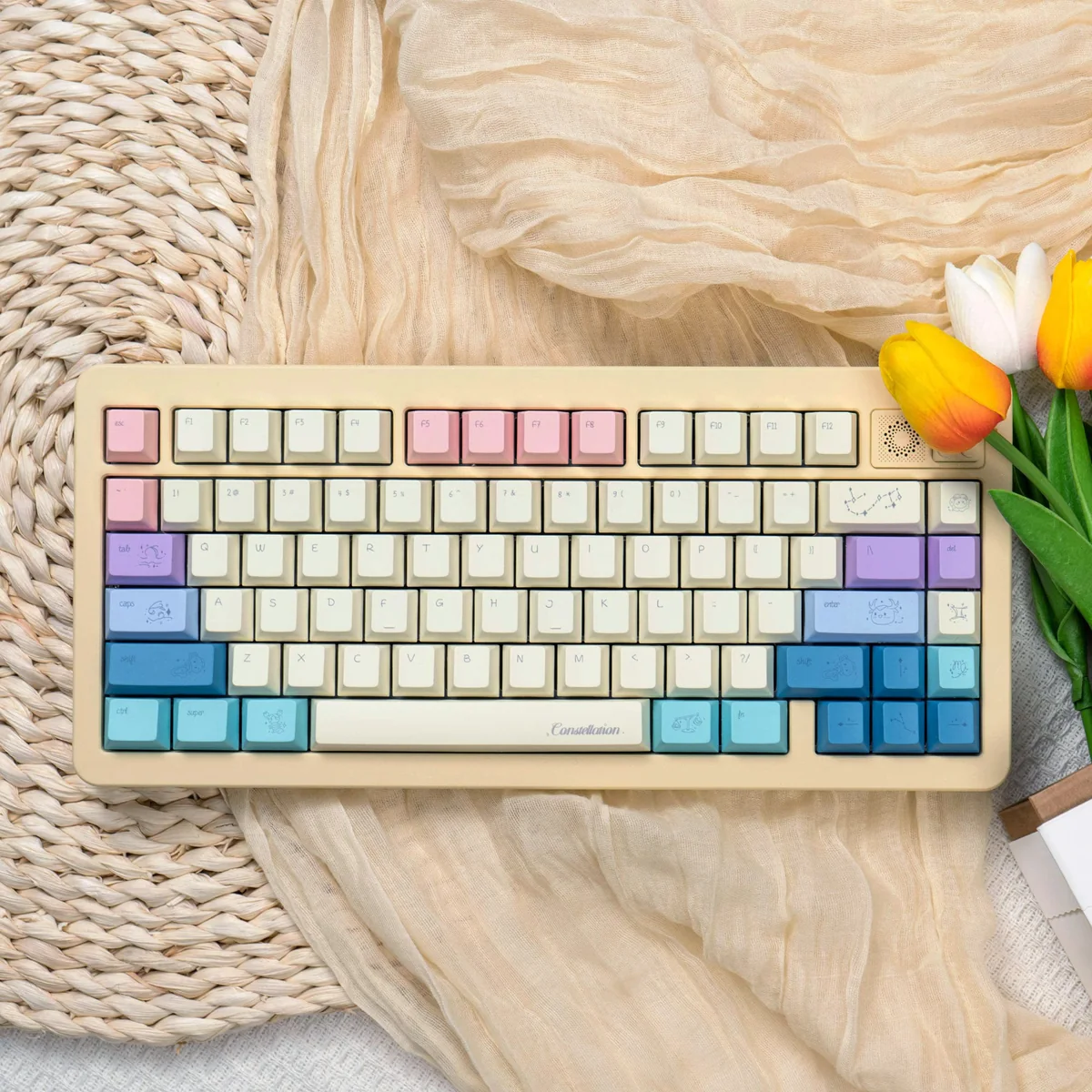 Constellation keycap set, multi-angle views of unique PBT dye-sub celestial designs and vibrant zodiac constellations for custom keyboards.