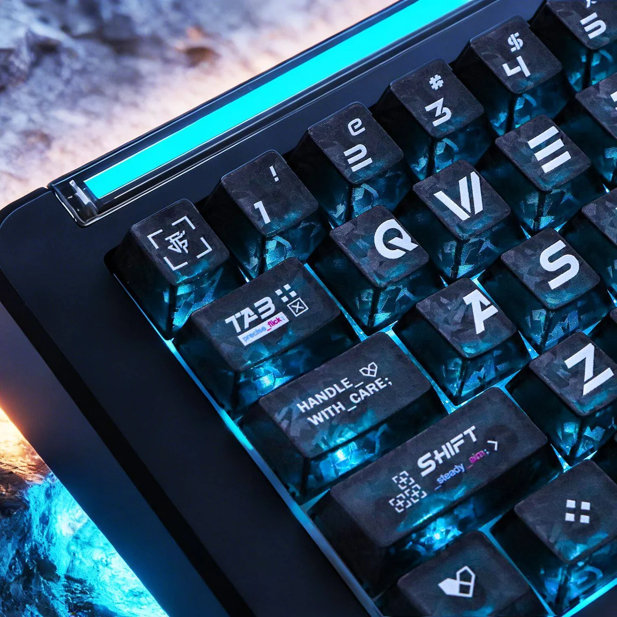 Side view of the premium CSGO Printstream Carbon Fiber Keycap Set, highlighting its carbon fiber texture and vibrant shine-through CS:GO inspired graphics.