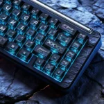 Detailed view of the CSGO Printstream Carbon Fiber Keycap Set, highlighting its carbon fiber texture and vibrant shine-through CS:GO graphics from a tactical angle.