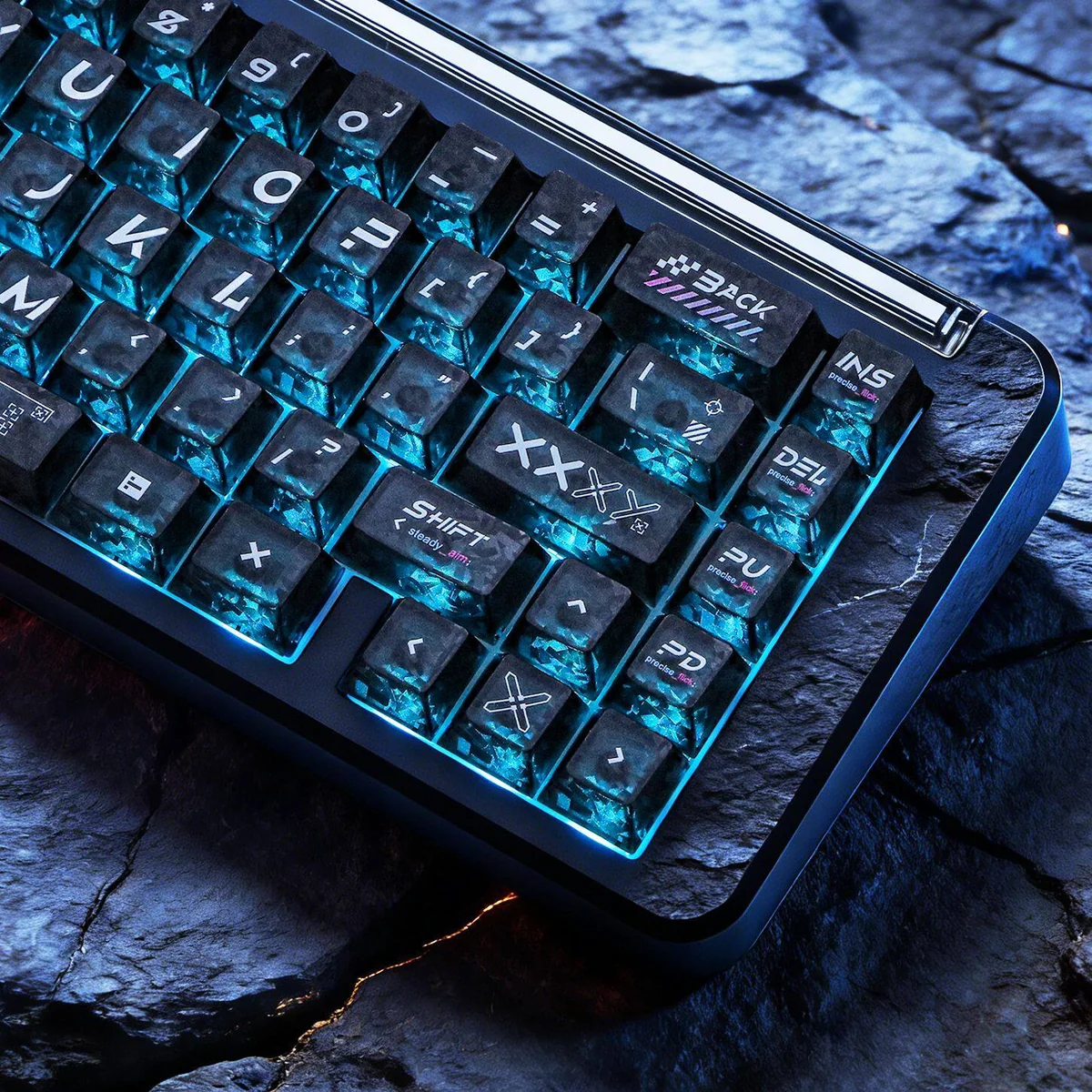 Detailed view of the CSGO Printstream Carbon Fiber Keycap Set, highlighting its carbon fiber texture and vibrant shine-through CS:GO graphics from a tactical angle.
